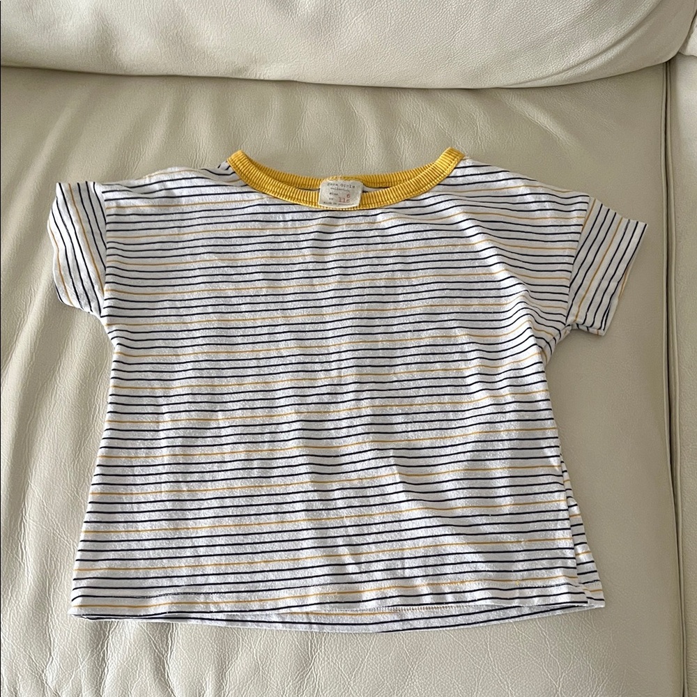 Zara White Tee with Navy and Yellow Stripes